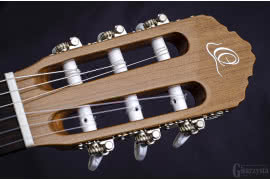 Główka gitary ozdobiona jest logo marki i zaopatrzona w tradycyjne, otwarte przekładnie z perłowymi nasadkami.