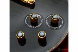 Złote gałki ozdobiono na górze topami z masy perłowej – potencjometry głośności obu pickupów w trybie push-pull rozłączają cewki humbuckerów.